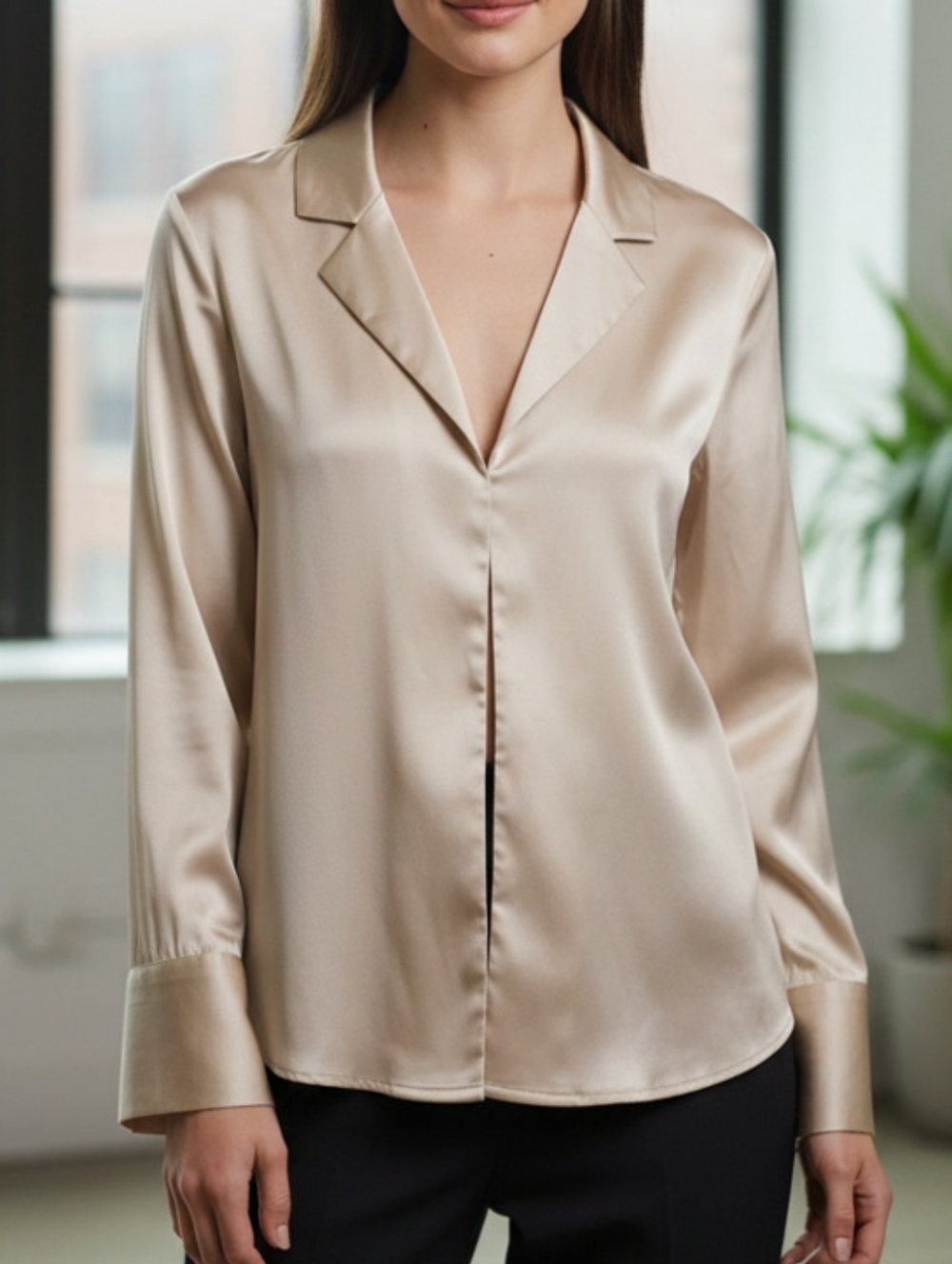 Silk-Like Champagne Satin Blouse - Women